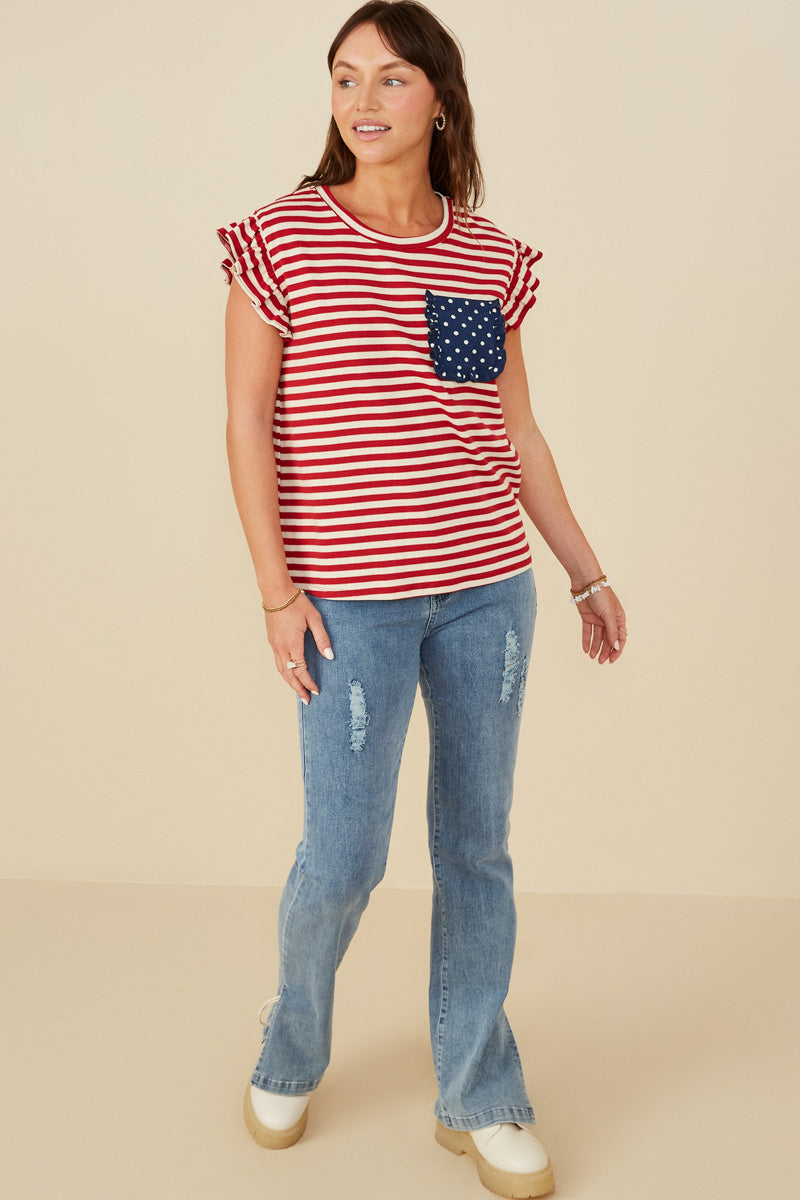 HY8620 Red Womens Star Pocket Striped Knit Ruffled Knit Tank Gif