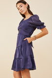 HY8623 Navy Womens Textured Shimmer Tie Detail Dress Full Body