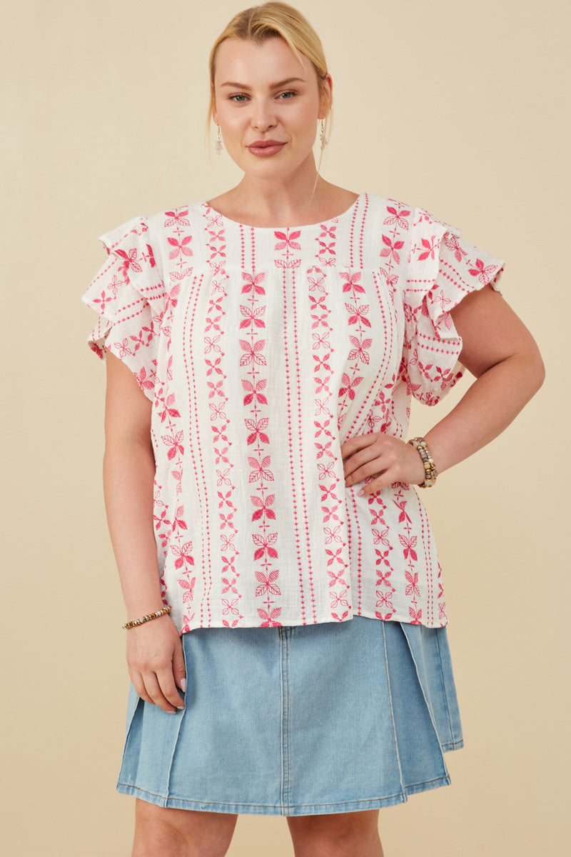 Botanical Embroidered Layered Ruffle Top