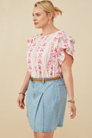 HY8625W Green Plus Botanical Embroidered Layered Ruffle Top Full Body