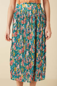 HY8634 Blue Womens Floral Print Pleated Ruffle Waist Skirt Full Body