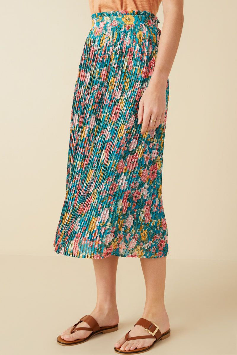 Floral Print Pleated Ruffle Waist Skirt