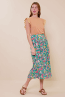 HY8634W Blue Plus Floral Print Pleated Ruffle Waist Skirt Gif