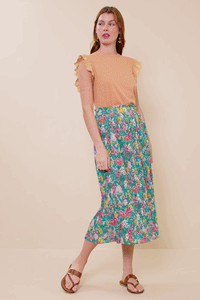 HY8634W Blue Plus Floral Print Pleated Ruffle Waist Skirt Gif