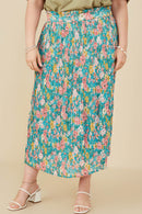 HY8634 Blue Womens Floral Print Pleated Ruffle Waist Skirt Front