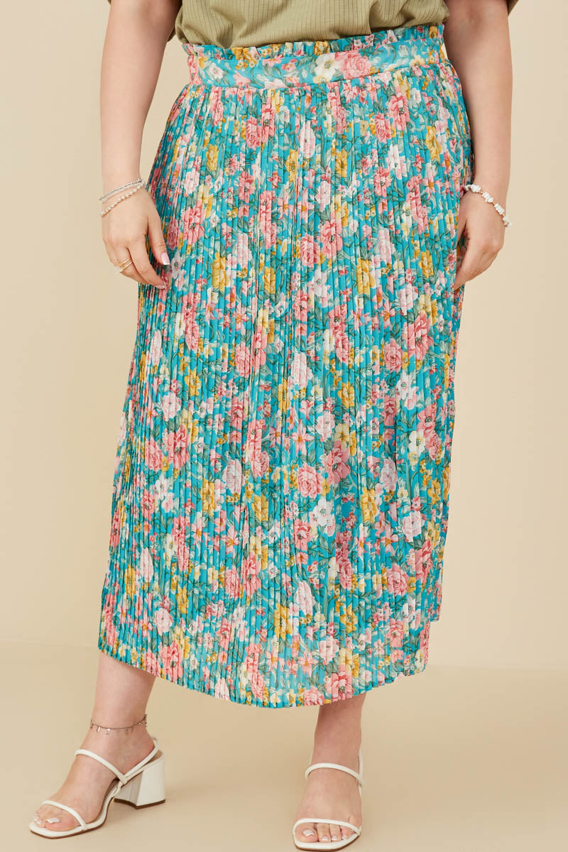Floral Print Pleated Ruffle Waist Skirt