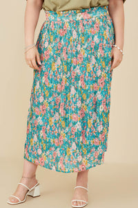 HY8634 Blue Womens Floral Print Pleated Ruffle Waist Skirt Front