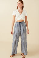 HY8643 Navy Womens Textured Stripe Drawstring Wide Leg Pants Back