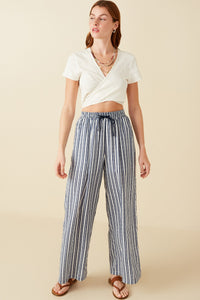 HY8643 Navy Womens Textured Stripe Drawstring Wide Leg Pants Back