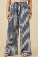 HY8643W Navy Plus Textured Stripe Drawstring Wide Leg Pants Front