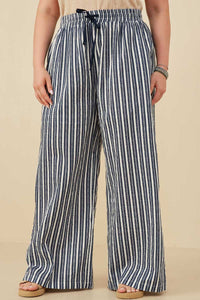 HY8643W Navy Plus Textured Stripe Drawstring Wide Leg Pants Front