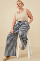 HY8643W Navy Plus Textured Stripe Drawstring Wide Leg Pants Side
