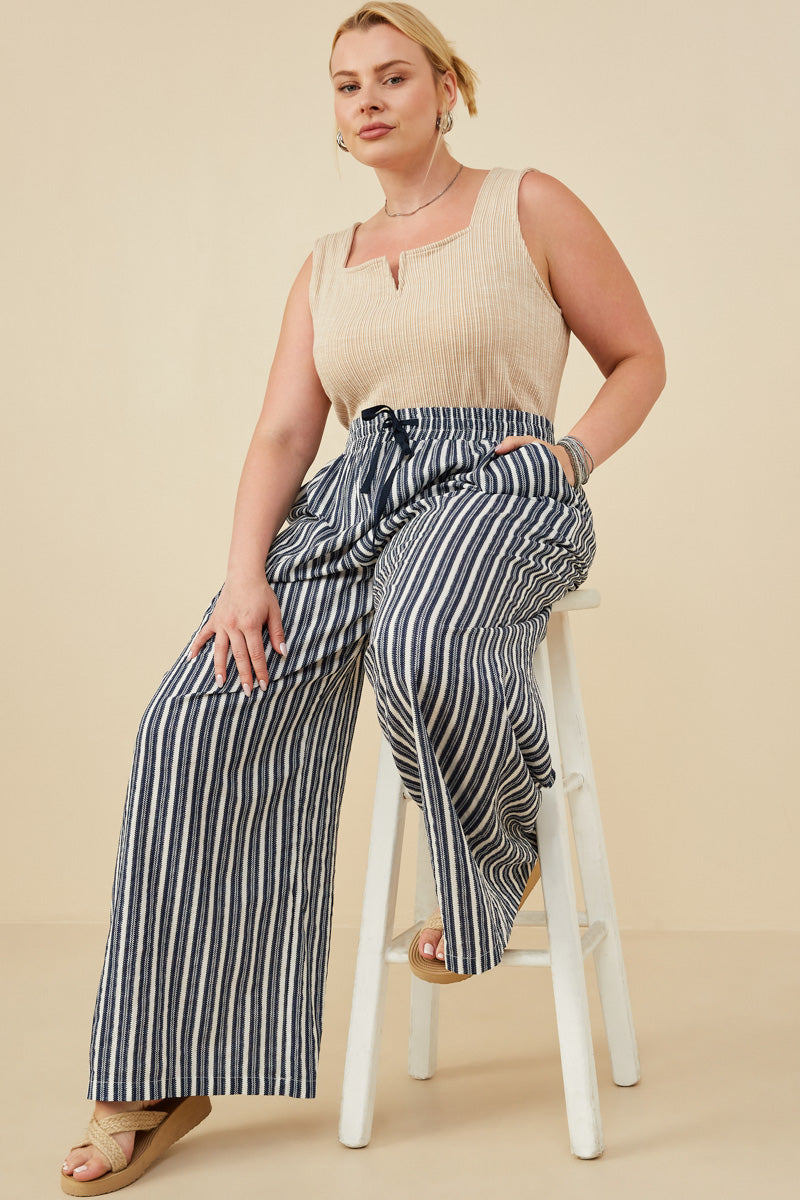 HY8643W Navy Plus Textured Stripe Drawstring Wide Leg Pants Side