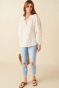 HY8650 Beige Womens Eyelet Embroidered Tasseled Dolman Top Gif