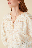 HY8650 Beige Womens Eyelet Embroidered Tasseled Dolman Top Full Body