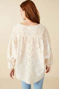 HY8650 Beige Womens Eyelet Embroidered Tasseled Dolman Top Detail