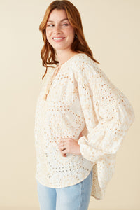 HY8650 Beige Womens Eyelet Embroidered Tasseled Dolman Top Back