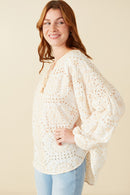 HY8650 Beige Womens Eyelet Embroidered Tasseled Dolman Top Back