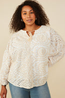 HY8650W Beige Plus Eyelet Embroidered Tasseled Dolman Top Front