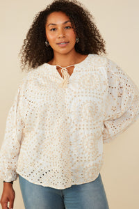 HY8650W Beige Plus Eyelet Embroidered Tasseled Dolman Top Front