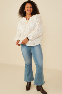 HY8650 Beige Womens Eyelet Embroidered Tasseled Dolman Top Side