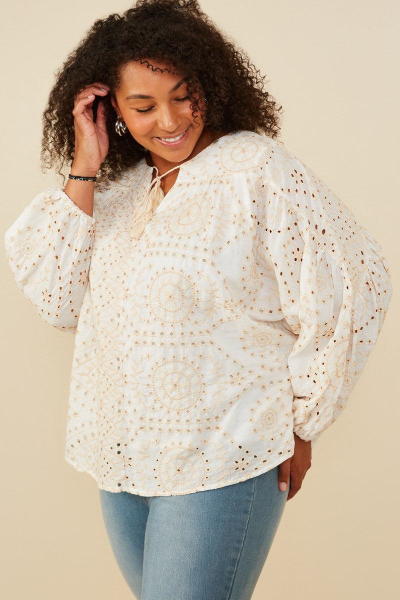 HY8650W Beige Plus Eyelet Embroidered Tasseled Dolman Top Gif