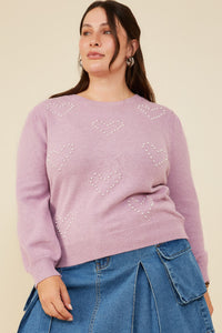 HY8653 Lavender Womens Pearl Hearts Detail Pullover Sweater Front