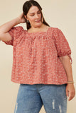 HY8662 Rust Womens Botanical Embroidered Tie Sleeve Top Pose
