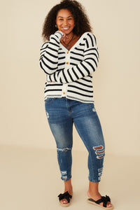 HY8669 Off White Womens Striped Buttoned Sweater Cardigan Back