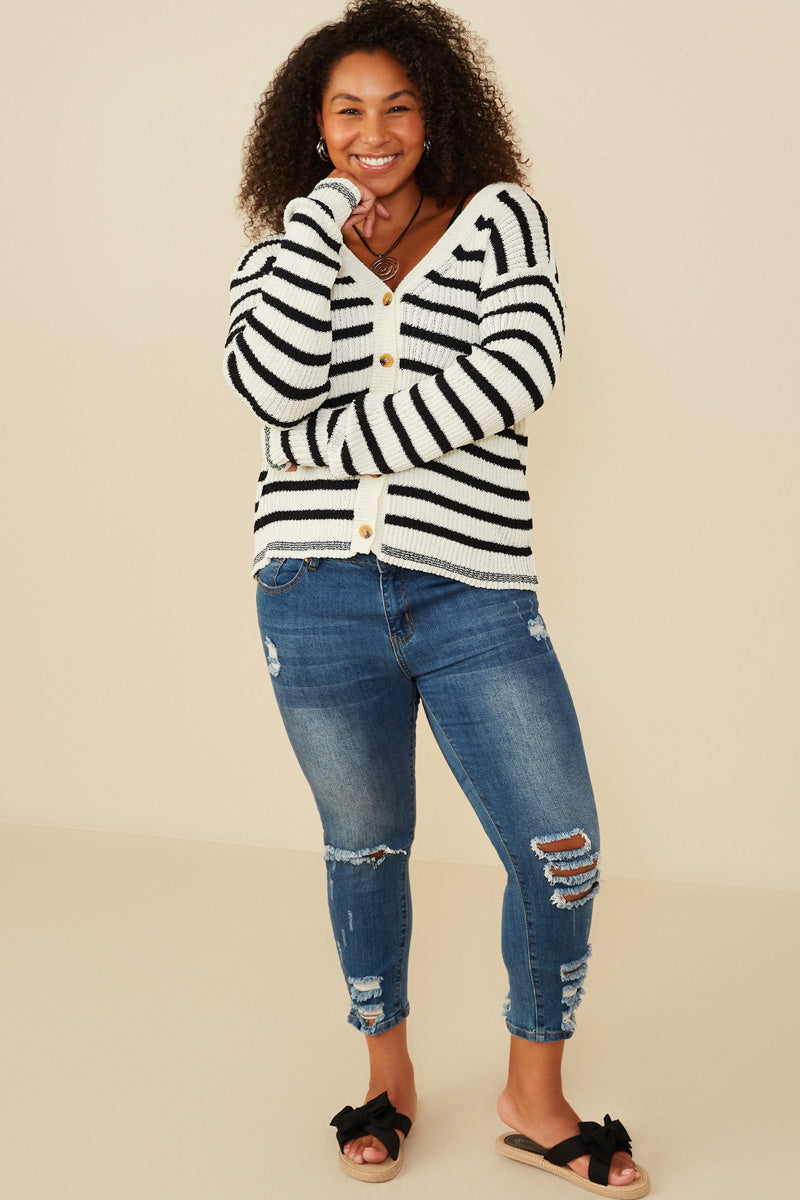 HY8669 Off White Womens Striped Buttoned Sweater Cardigan Back