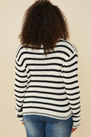 HY8669W Off White Plus Striped Buttoned Sweater Cardigan Full Body