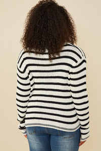 HY8669W Off White Plus Striped Buttoned Sweater Cardigan Full Body