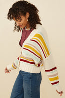 HY8670 Mustard Mix Womens Multi Stripe Knit Cropped Sweater Cardigan Gif