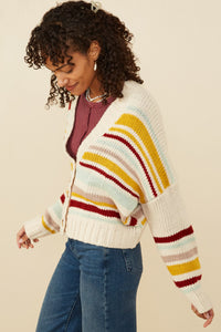 HY8670 Mustard Mix Womens Multi Stripe Knit Cropped Sweater Cardigan Gif