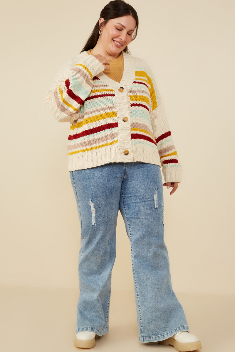 HY8670 Mustard Mix Womens Multi Stripe Knit Cropped Sweater Cardigan Back