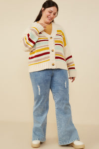 HY8670 Mustard Mix Womens Multi Stripe Knit Cropped Sweater Cardigan Back