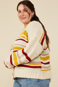 HY8670 Mustard Mix Womens Multi Stripe Knit Cropped Sweater Cardigan Front 2