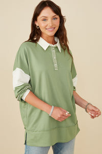 HY8696W Pink Plus Mixed Media Print Blocked Knit Rugby Shirt Pose