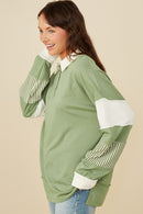 HY8696 Pink Womens Mixed Media Print Blocked Knit Rugby Shirt Full Body