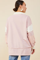 HY8696 Olive Womens Mixed Media Print Blocked Knit Rugby Shirt Full Body