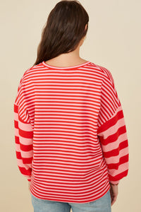 HY8714 Pink Womens Mixed Stripe V Neck Knit Long Sleeve Top Side