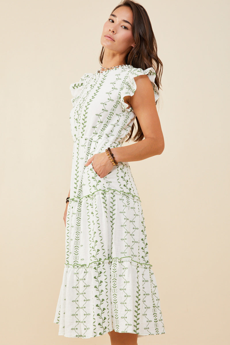 HY8717 Green Womens Botanical Embroidered Tiered Midi Dress Front