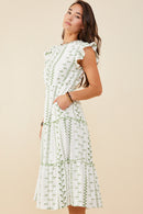 HY8717 Green Womens Botanical Embroidered Tiered Midi Dress Front