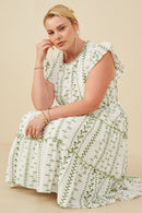 HY8717W Green Plus Botanical Embroidered Tiered Midi Dress Pose