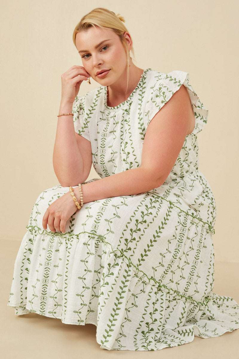 Botanical Embroidered Tiered Midi Dress
