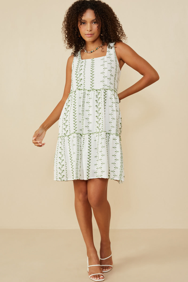 HY8718 Pink Womens Botanical Embroidered Ruffle Tiered Tank Dress Gif