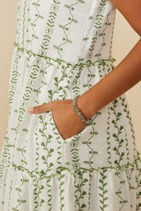 HY8718 Pink Womens Botanical Embroidered Ruffle Tiered Tank Dress Full Body