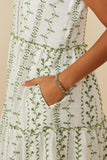 HY8718 Green Womens Botanical Embroidered Ruffle Tiered Tank Dress Full Body
