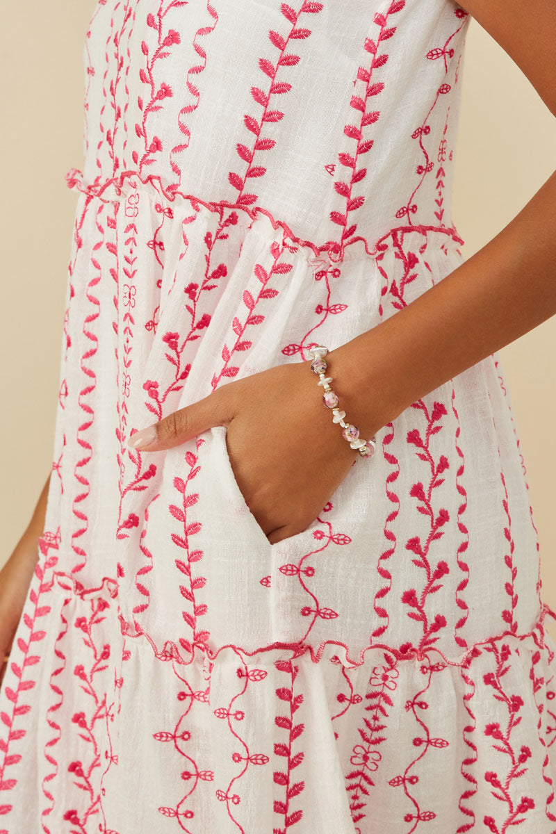 HY8718 Green Womens Botanical Embroidered Ruffle Tiered Tank Dress Full Body