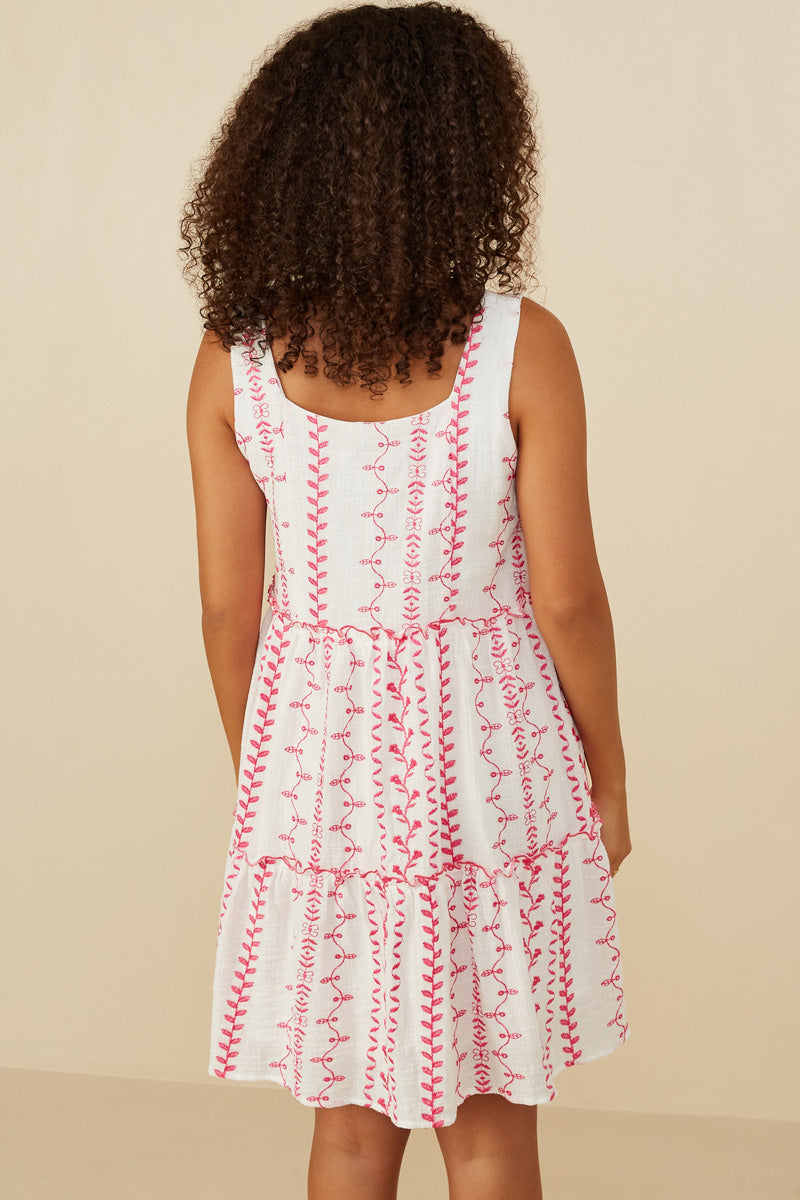 HY8718 Green Womens Botanical Embroidered Ruffle Tiered Tank Dress Detail